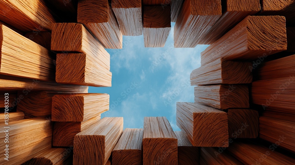Poster a view looking up through a structure made of wooden blocks, framed by the sky and clouds above, sho