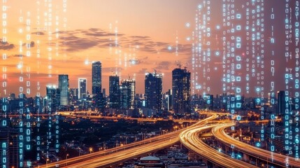 Fototapeta premium A futuristic city scene illuminated by red and blue lights during sunset