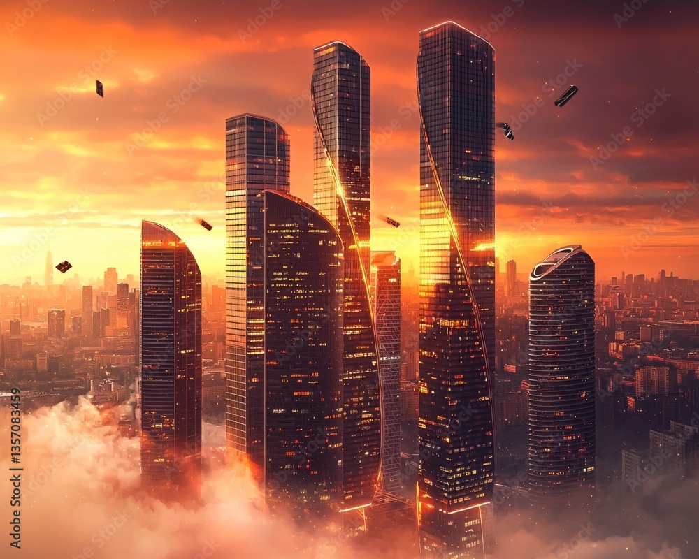 Poster the city of tomorrow is characterized by lofty structures and a reddened atmosphere