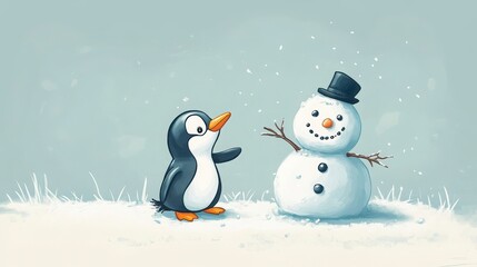 Adorable Penguin And Snowman In Snowy Landscape In Winter Wonderland Scene With Animals And Decorations And Gifts For Celebrations. With Children And Family Themes. With Cute Animal Friends In