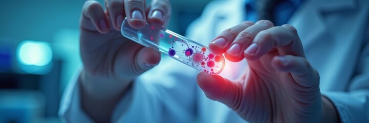 Close-up of hands examining tube with microbial sample in laboratory setting, anonymous, science