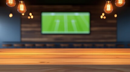 A cozy bar scene featuring warm wooden decor, stylish pendant lights, and a large screen displaying a sports game, perfect for social gatherings.