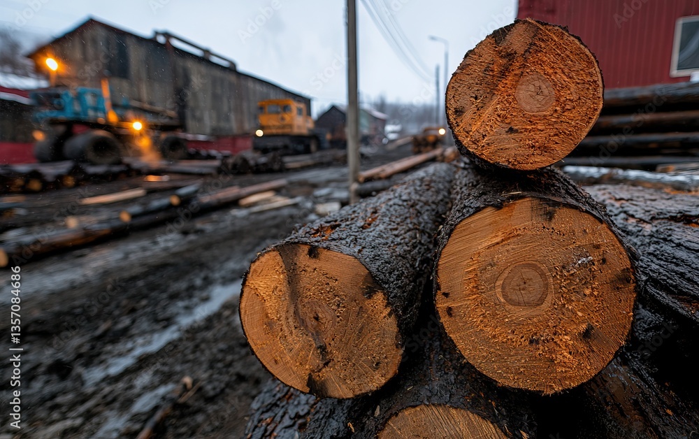 Poster a stack of freshly cut logs in a logging yard, showcasing the wood's grain pattern, with machinery a