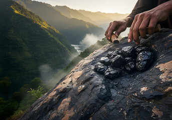 High detail image of Shilajit being extracted from rocks with a healer in the background amidst lush Himalayan mountains and mist  © @AyeBeeKayyy