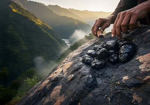 High detail image of Shilajit being extracted from rocks with a healer in the background amidst lush Himalayan mountains and mist
