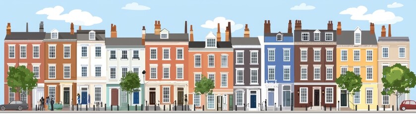 Row of colorful townhouses, sunny day, street scene, background image, real estate