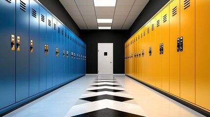 A vibrant hallway lined with blue and yellow lockers, leading to a closed door, features a striking black and white chevron floor pattern.
