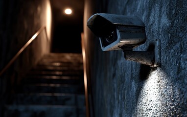 A dimly lit stairwell features a security camera, highlighting themes of surveillance and safety in an atmospheric setting.