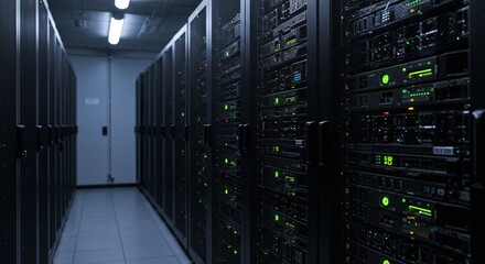 Server Room: A modern server room filled with powerful servers and networking equipment, symbolizing the core of digital infrastructure. Reflecting the complexity and innovation.