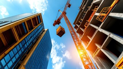 Construction crane lifting materials between modern buildings under a sunny sky