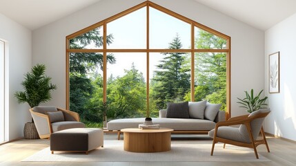 Modern minimalist living room with a large window, panoramic forest view