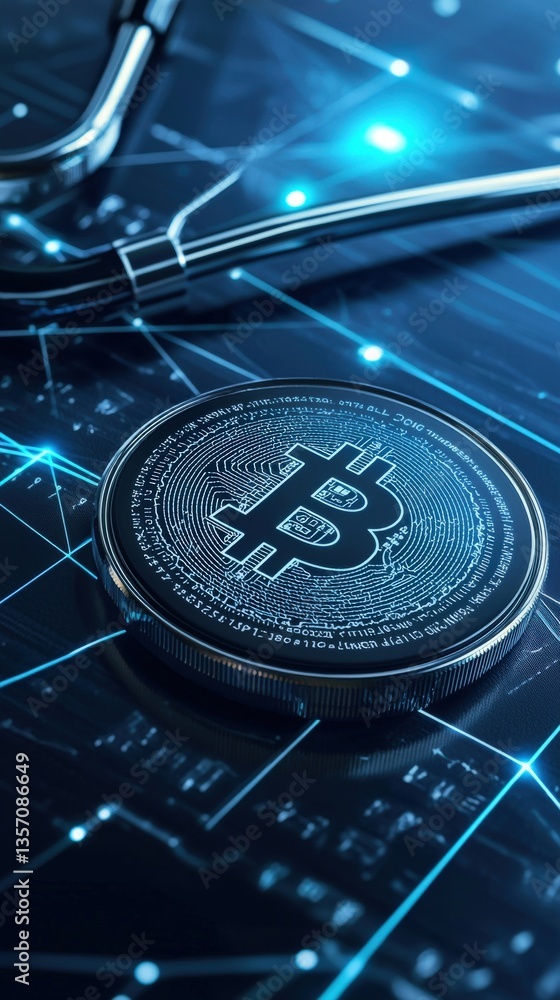 Poster bitcoin coin on digital background with stethoscope concept