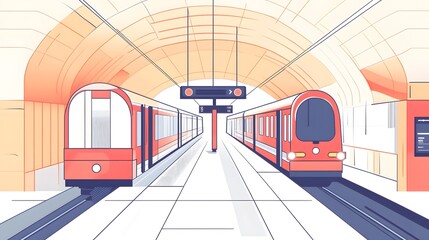 Modern Thin Line Design Style of an Underground Station, Interior Public Transport Hub