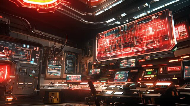 Futuristic Command Center with Red Holographic Displays, Digital Interfaces, and Advanced High-Tech Control Panels

