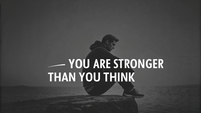Man reflecting by the ocean with a motivational quote  