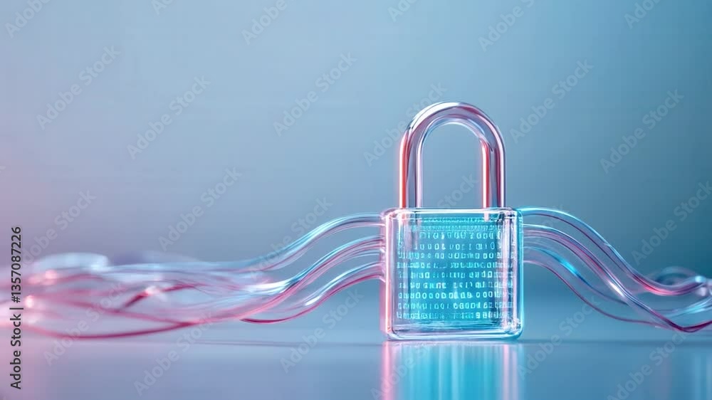 Poster a futuristic digital padlock glowing in blue with encrypted code flowing in the background