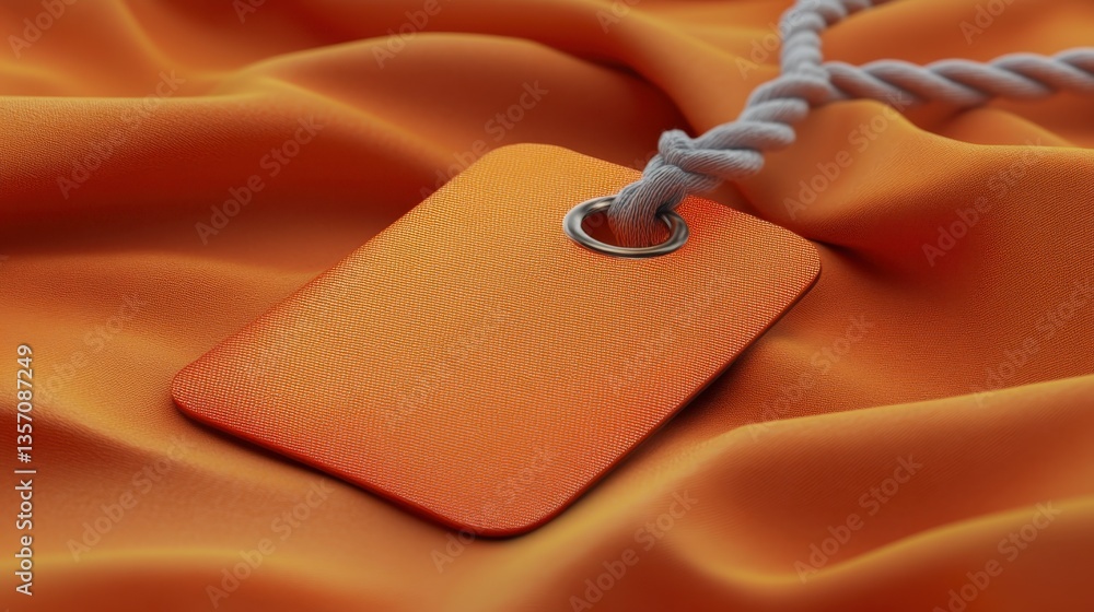 Aufkleber close up of a rectangular orange tag with a textured surface, resting on a soft orange fabric. the t