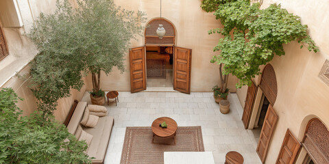 Bohemian-Chic Riad: Handcrafted Wooden Doors, Cushioned Seating, and an Open Courtyard with Cascading Vines and Hanging Plants