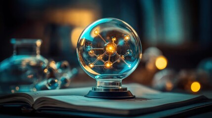 Illuminated atomic model in glass sphere on open book, laboratory setting