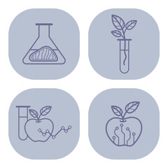 Collection of line icons depicting various scientific elements, including beakers, test tubes, and apple. Research and innovation in biology and technology concept