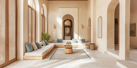 A Moroccan Riad: Mosaic Floors and Vibrant Ceramic Planters Filled with Lush Greenery in a Serene Courtyard