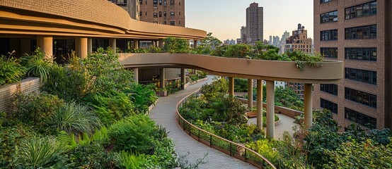 Fototapeta premium In the heart of a vibrant city, a rooftop garden boasts stunning views of the skyline, where skyscrapers and greenery blend together in harmony