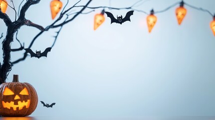 Spooky PowerPoint Background with Carved Jack-o'-lantern, Bare Branches, Skull Lights, and Bats