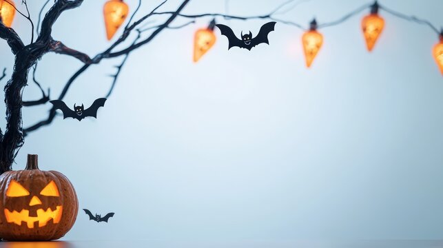 Spooky PowerPoint Background with Carved Jack-o'-lantern, Bare Branches, Skull Lights, and Bats