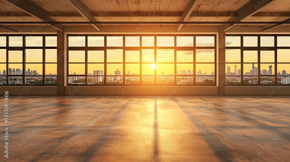 Poster the image depicts a bright and spacious interior with large windows offering a panoramic view of a c