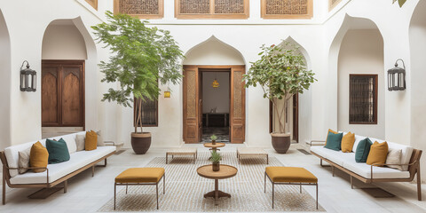 A Moroccan Riad: Mosaic Floors and Vibrant Ceramic Planters Filled with Lush Greenery in a Serene Courtyard