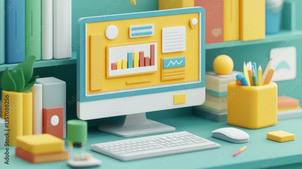 Poster pastel colored 3d render of a computer workspace with charts on the screen, surrounded by books, sta