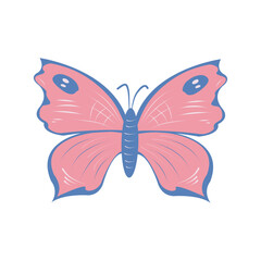 Cute children Pink butterfly with beautiful pattern on wings. Isolated vector illustration on white background.