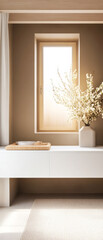Bright interior with minimalist decor showcasing a window and floral arrangement