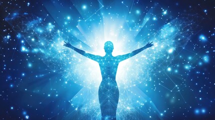 Naklejka premium Illuminated female figure with outstretched arms, surrounded by a radiant blue energy field and geometric patterns, symbolizing spiritual awakening or enlightenment.