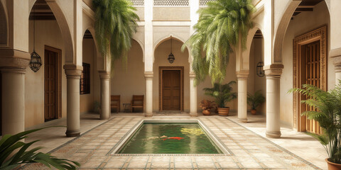 A Moroccan Riad: Mosaic Floors and Vibrant Ceramic Planters Filled with Lush Greenery in a Serene Courtyard