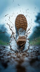 Mud splash with running shoe, and outdoors.