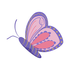 Butterfly in flight. Cute children butterfly with beautiful pattern on wings in Pink and violet colors. Isolated vector illustration on white background.