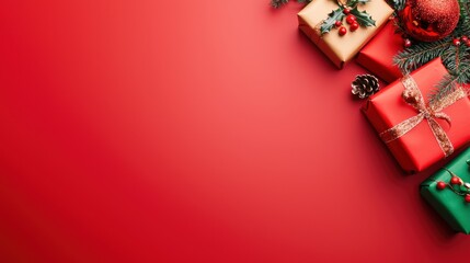 Festive PowerPoint Background with Vibrant Red Gifts Holly and Pine for Holiday Presentations 2023