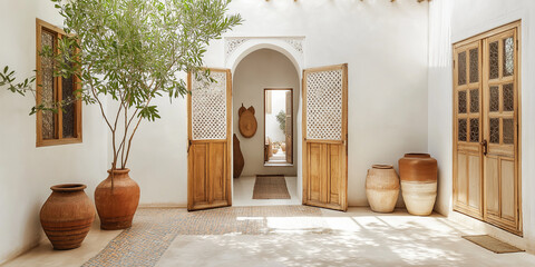 A Moroccan Riad: Mosaic Floors and Vibrant Ceramic Planters Filled with Lush Greenery in a Serene Courtyard