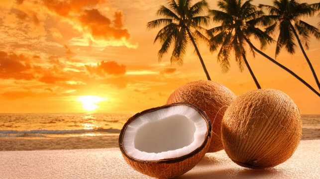 Coconuts on beach at sunset, with palm trees silhouetted against vibrant orange sky, evoke tropical paradise