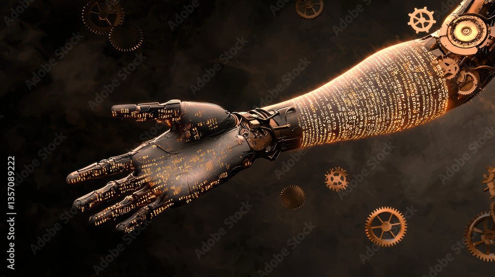 Poster futuristic robotic arm with intricate gears and glowing data patterns, showcasing advanced technolog