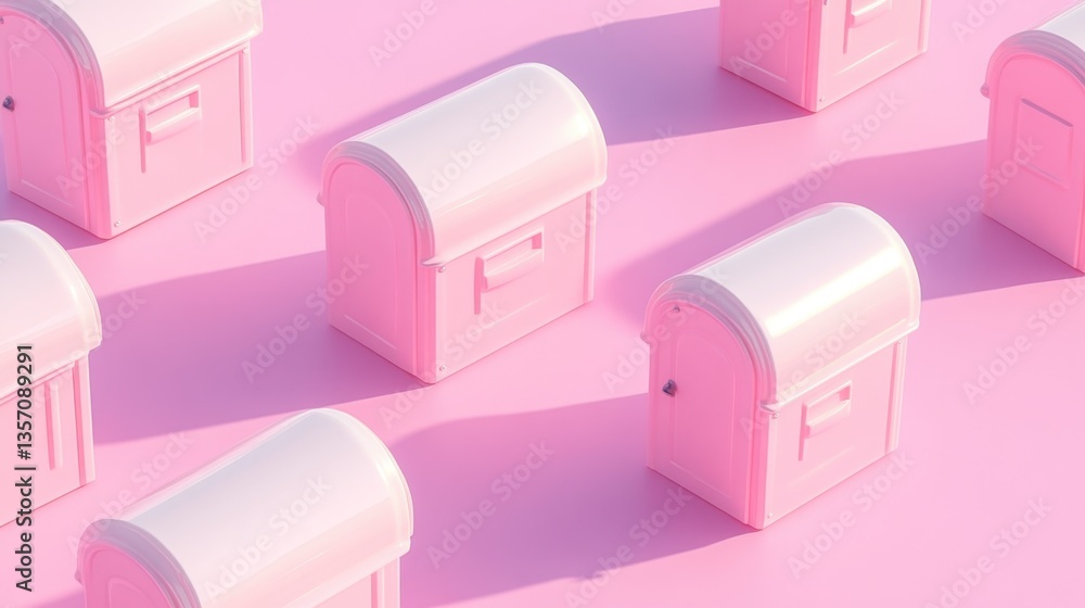 Poster pastel pink chests arranged in a repeating pattern on a light pink background, casting soft shadows.