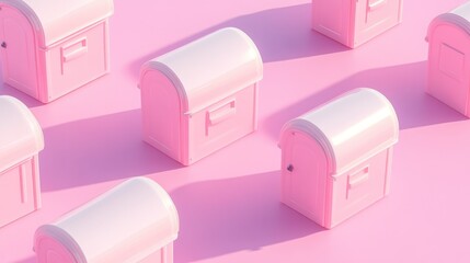 Pastel pink chests arranged in a repeating pattern on a light pink background, casting soft shadows. Minimalist 3D render.