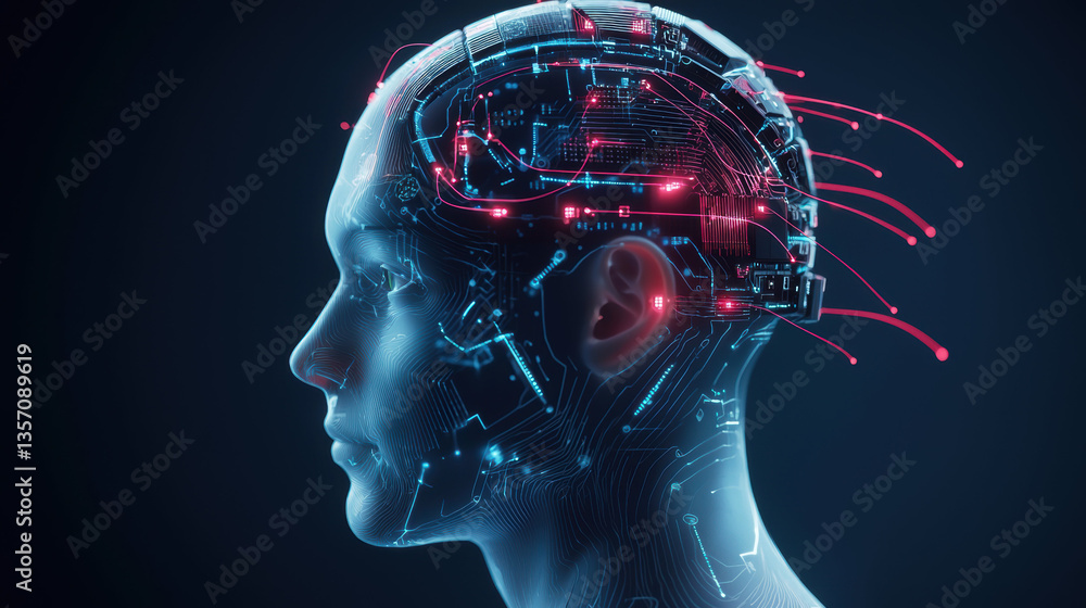 Poster futuristic cyborg head with digital circuits and data streams, showcasing advanced technology and in