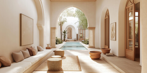 A Moroccan Riad: Mosaic Floors and Vibrant Ceramic Planters Filled with Lush Greenery in a Serene Courtyard