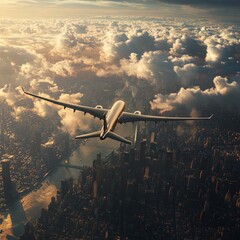 Naklejka premium Airplane Flying Over a Cityscape with Clouds in the Background