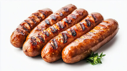 A collection of grilled bratwurst sausages, presented in a bundle and isolated on a transparent backdrop.