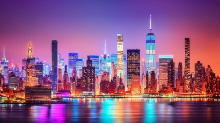 Obraz premium A calm river, vibrant city lights, and stunning waterfront are just a few of the attractions that make urban travel so appealing in this nighttime cityscape