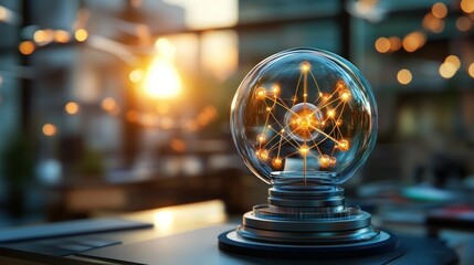Atom model sphere, illuminated, modern office, sunset background