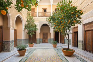A Moroccan Riad: Mosaic Floors and Vibrant Ceramic Planters Filled with Lush Greenery in a Serene Courtyard